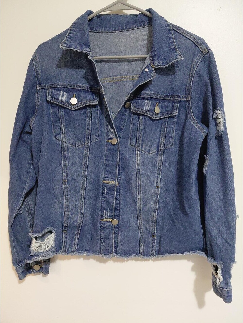 Women's Medium Blue Distressed Denim Jacket with Button Closure
